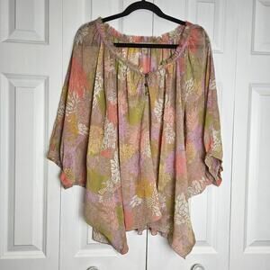 Vintage America Jeans Blouse Beige & Pastel Flowers Size Large Dolman Sleeve